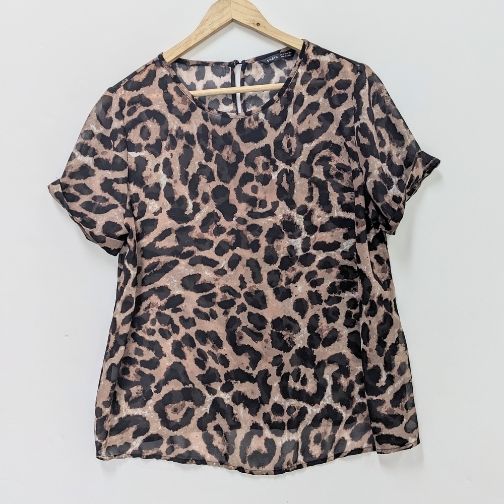 ⚡SHEIN Leopard Print Short Sleeve Semi Sheer Blouse